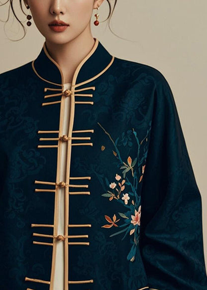 Navy Chinese Button Printsilk Coats Fall Er005