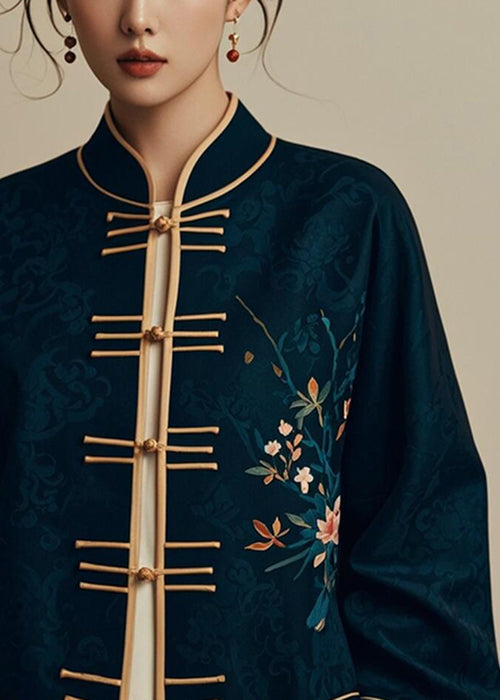 Navy Chinese Button Printsilk Coats Fall Er005