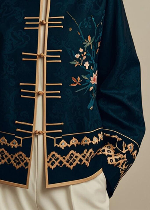 Navy Chinese Button Printsilk Coats Fall Er005