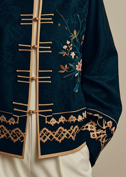 Navy Chinese Button Printsilk Coats Fall Er005