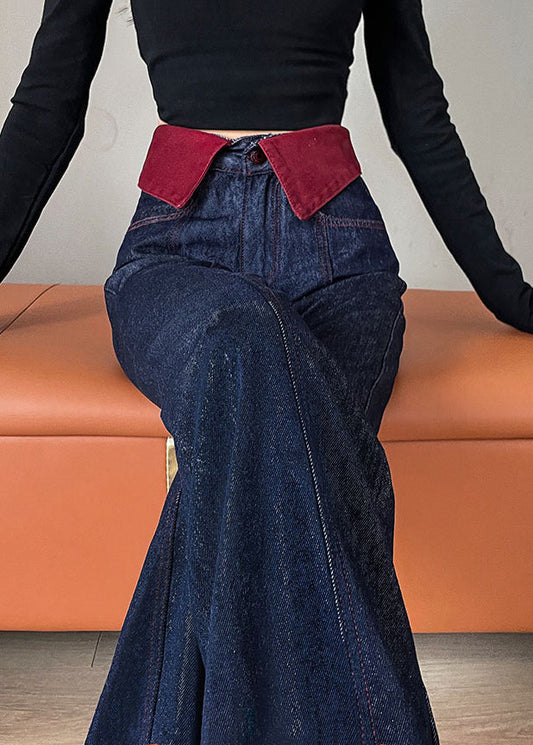 Navy High Waist Patchwork Denim Straight Pants Spring Yo10