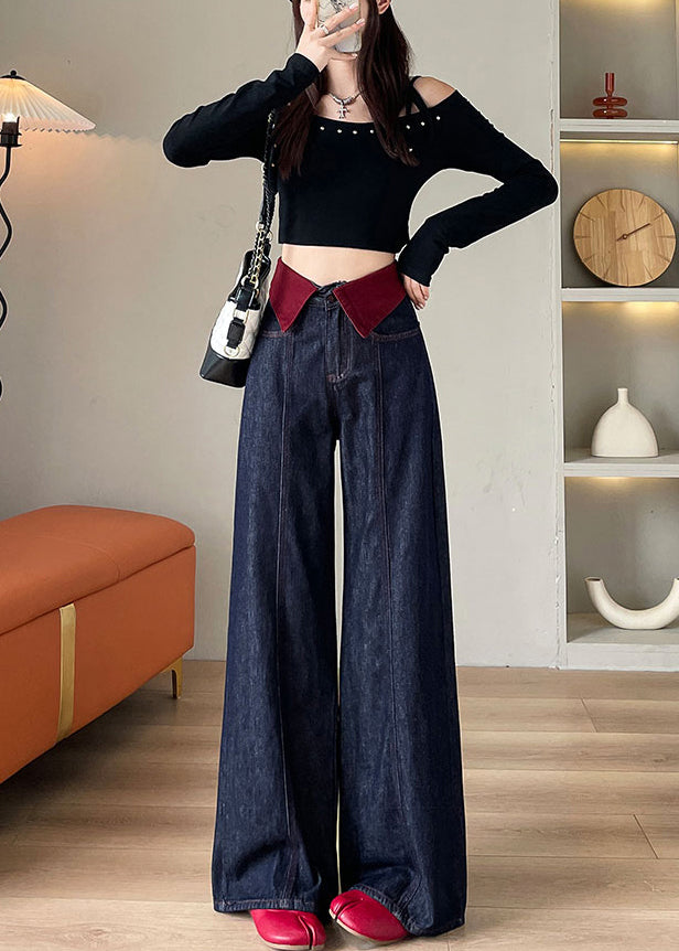 Navy High Waist Patchwork Denim Straight Pants Spring Yo10