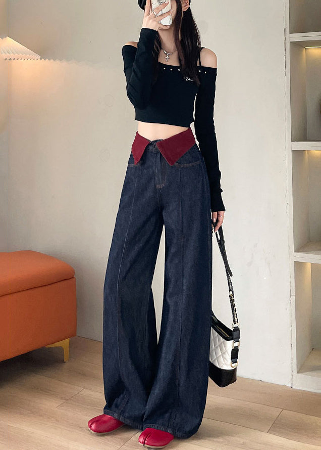 Navy High Waist Patchwork Denim Straight Pants Spring Yo10