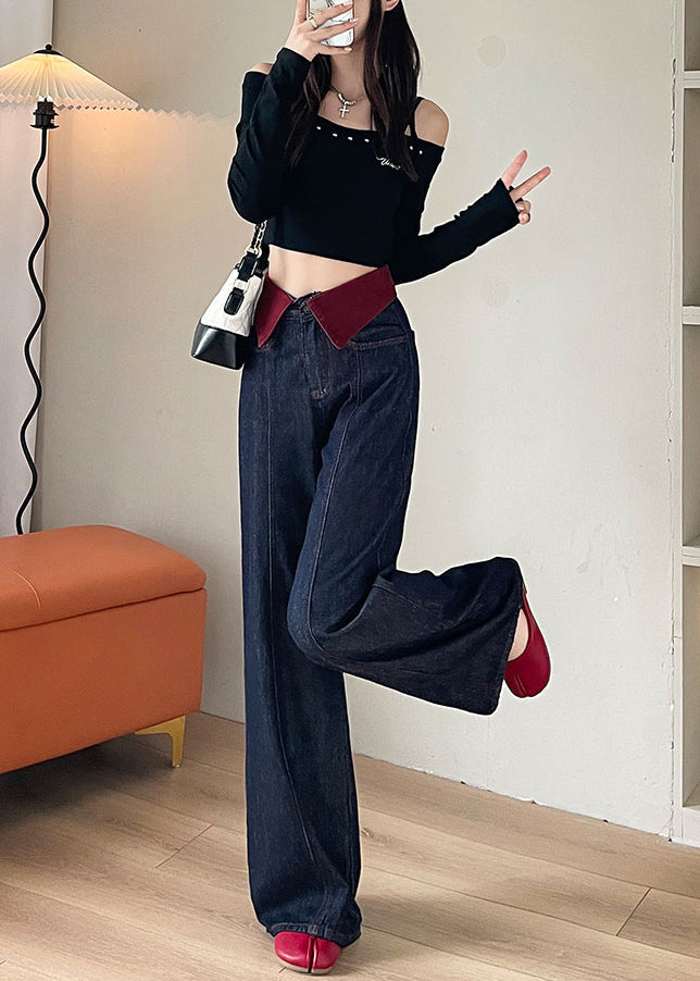 Navy High Waist Patchwork Denim Straight Pants Spring Yo10