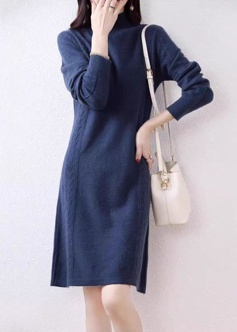 Navy Turtleneck Wool Knit Sweater Dress Fall Qx022