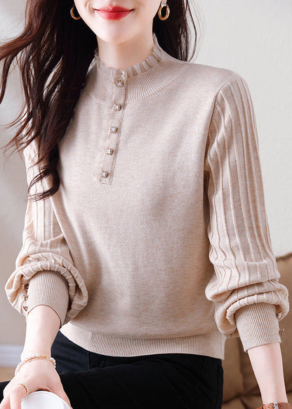 Oatmeal Ruffled Button Patchwork Woolen Sweater Spring Tf026