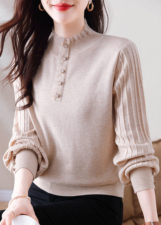 Oatmeal Ruffled Button Patchwork Woolen Sweater Spring Tf026