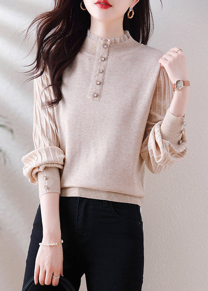 Oatmeal Ruffled Button Patchwork Woolen Sweater Spring Tf026