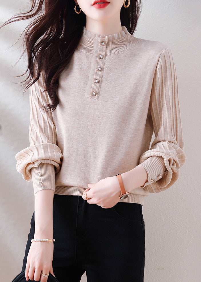 Oatmeal Ruffled Button Patchwork Woolen Sweater Spring Tf026