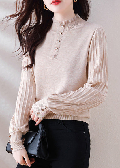 Oatmeal Ruffled Button Patchwork Woolen Sweater Spring Tf026