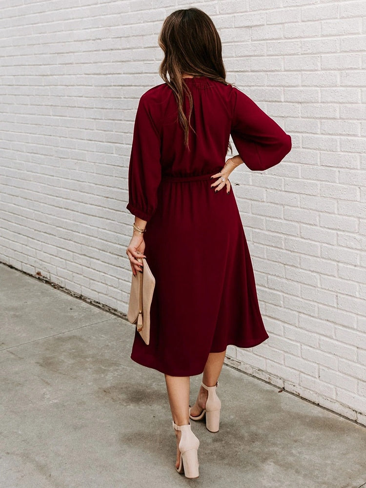 Office Dress Formal Loose Green Long Sleeve Belt A-line Midi Dresses