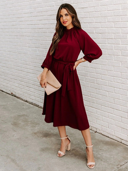Office Dress Formal Loose Green Long Sleeve Belt A-line Midi Dresses