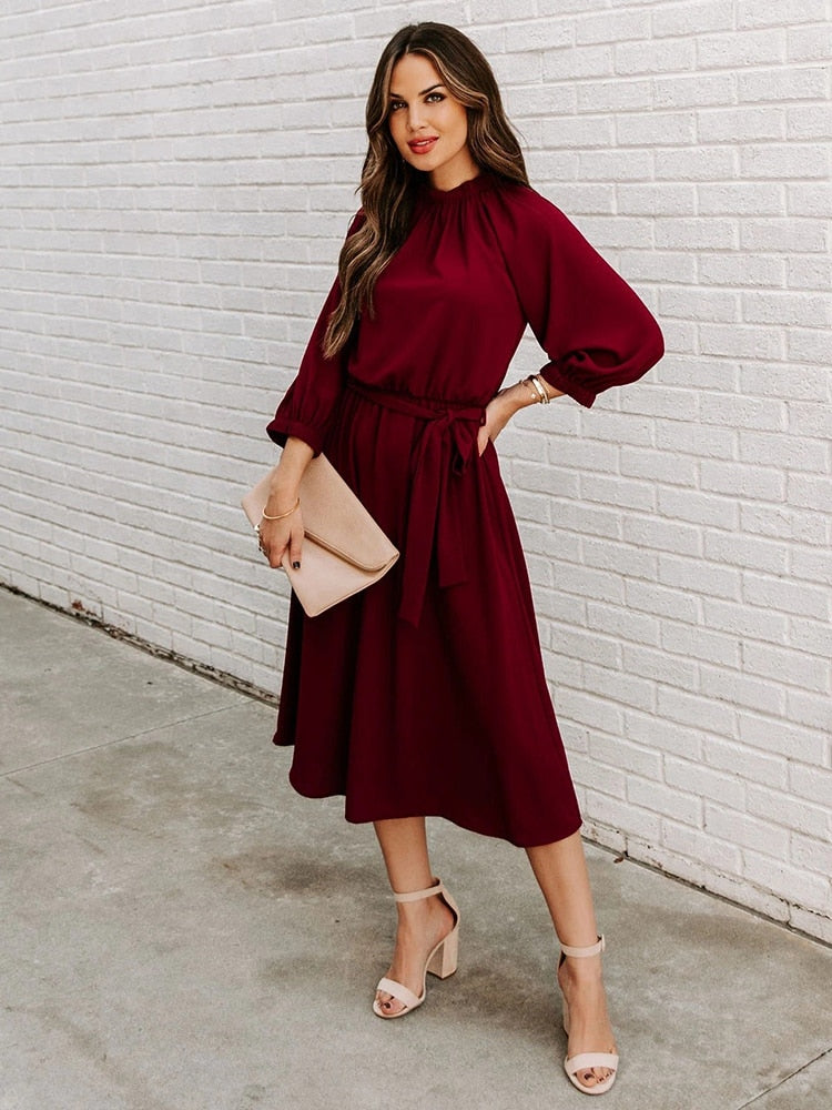 Office Dress Formal Loose Green Long Sleeve Belt A-line Midi Dresses