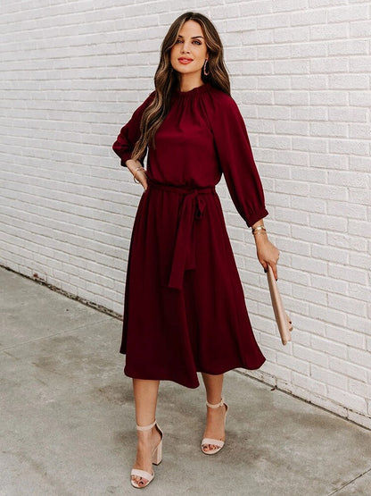 Office Dress Formal Loose Green Long Sleeve Belt A-line Midi Dresses
