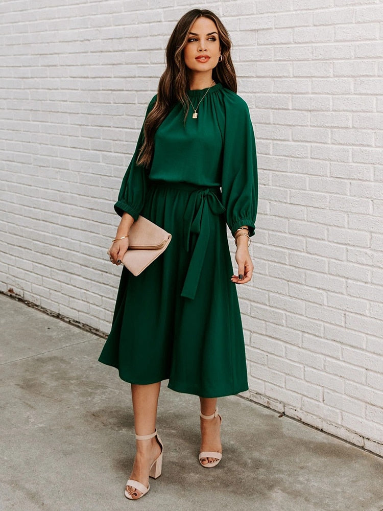 Office Dress Formal Loose Green Long Sleeve Belt A-line Midi Dresses