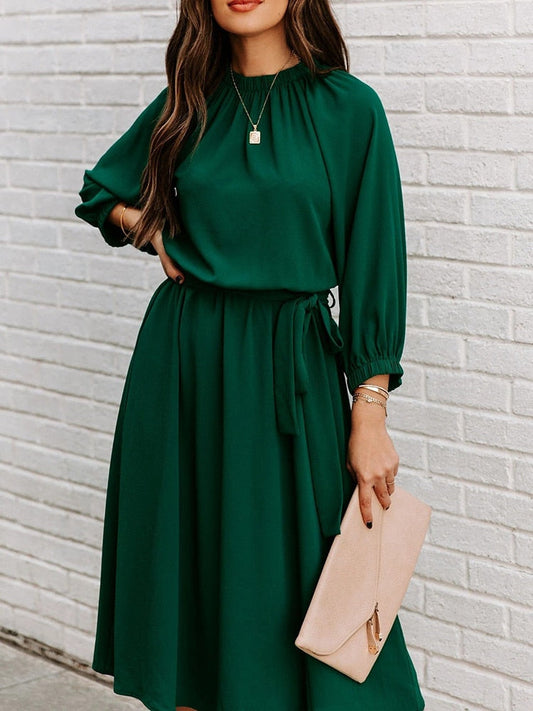 Office Dress Formal Loose Green Long Sleeve Belt A-line Midi Dresses