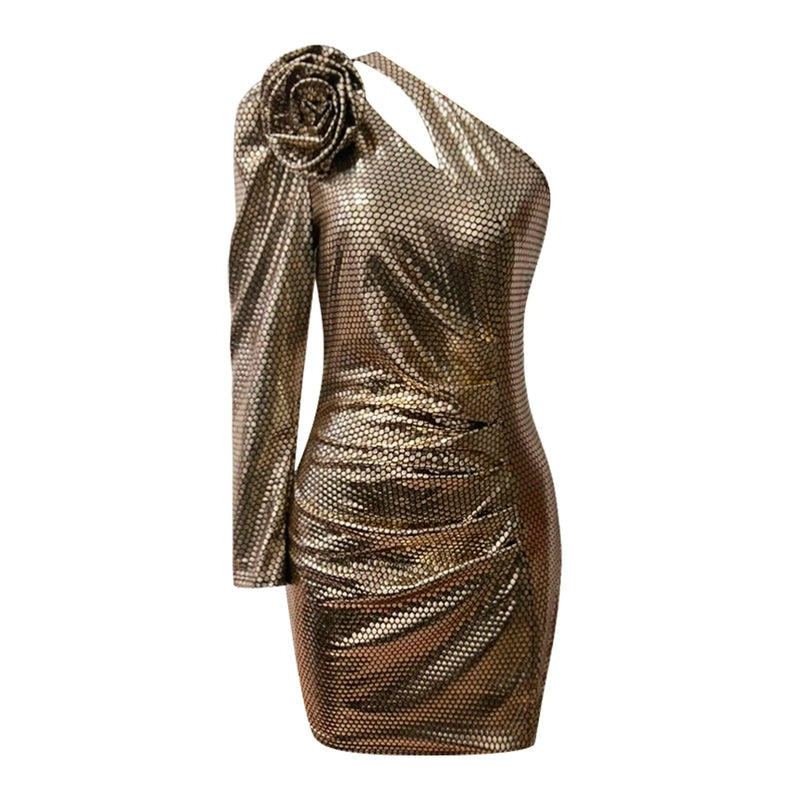 One Shoulder Bronzing Hollow Out Long Sleeve Mini Dress