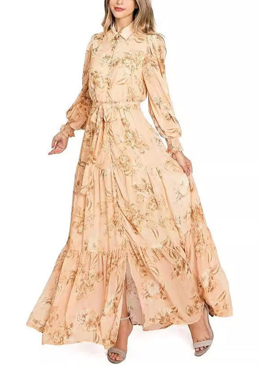 Orange Button Print Cotton Maxi Dresses Long Sleeve Au1015