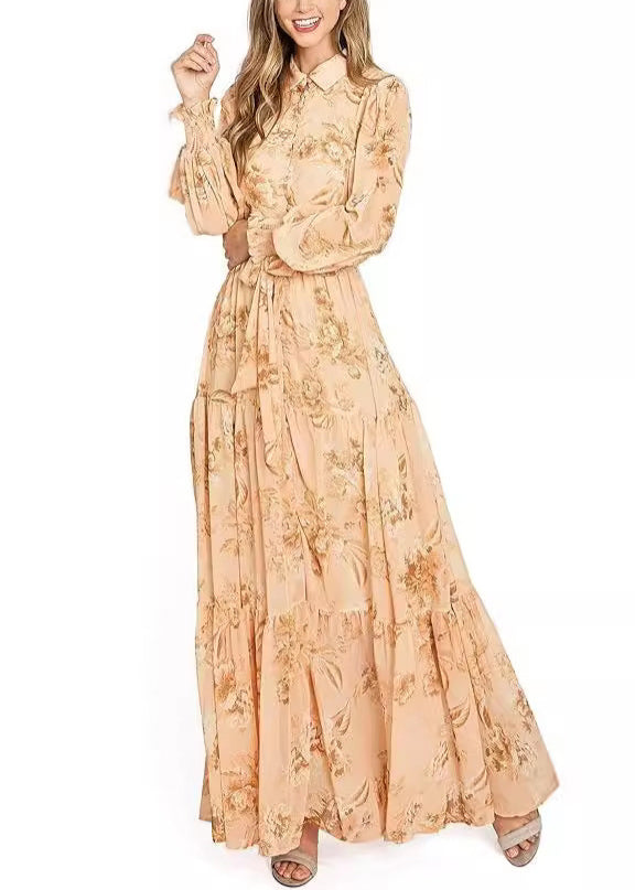 Orange Button Print Cotton Maxi Dresses Long Sleeve Au1015