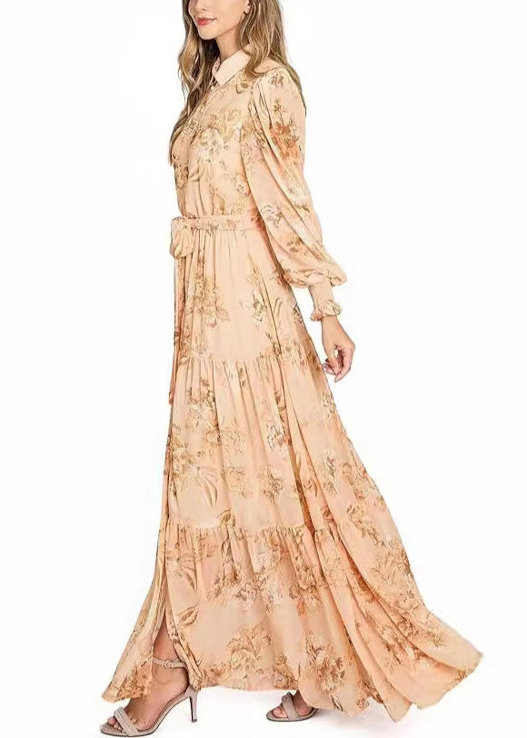 Orange Button Print Cotton Maxi Dresses Long Sleeve Au1015
