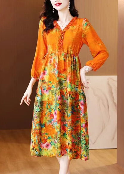 Orange Ruffled Print Patchwork Silk Long Dress Spring Op1040