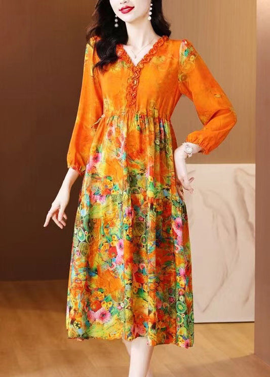 Orange Ruffled Print Patchwork Silk Long Dress Spring Op1040