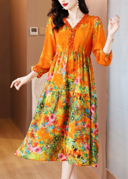 Orange Ruffled Print Patchwork Silk Long Dress Spring Op1040