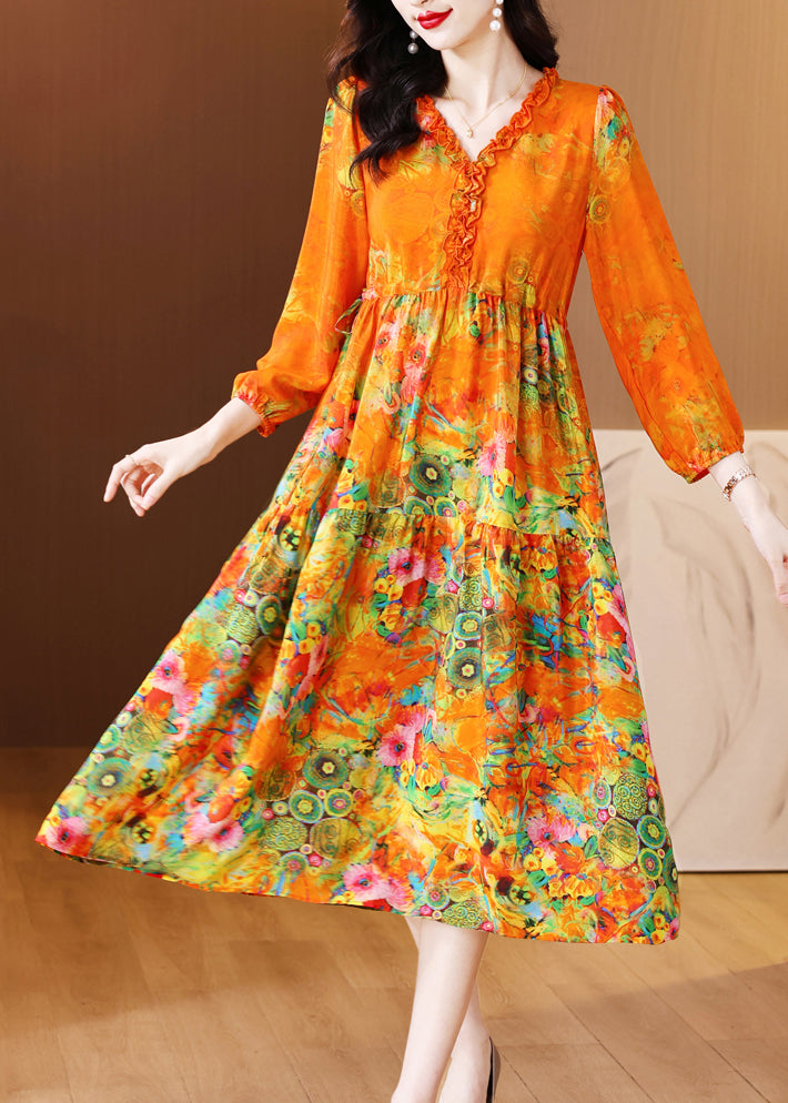 Orange Ruffled Print Patchwork Silk Long Dress Spring Op1040