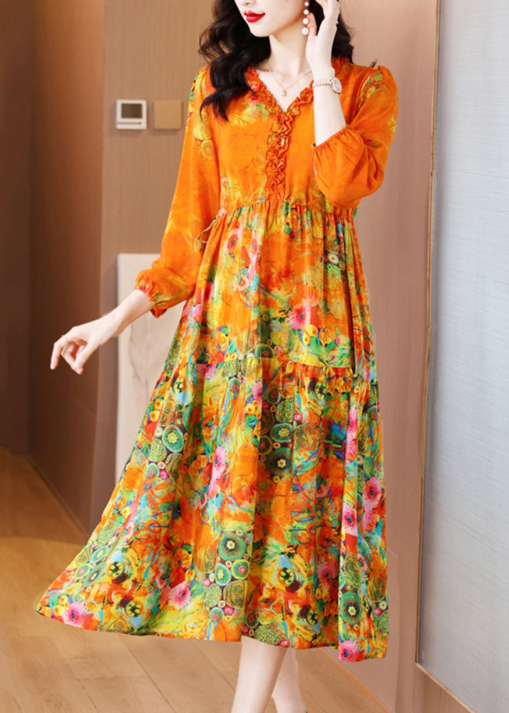 Orange Ruffled Print Patchwork Silk Long Dress Spring Op1040