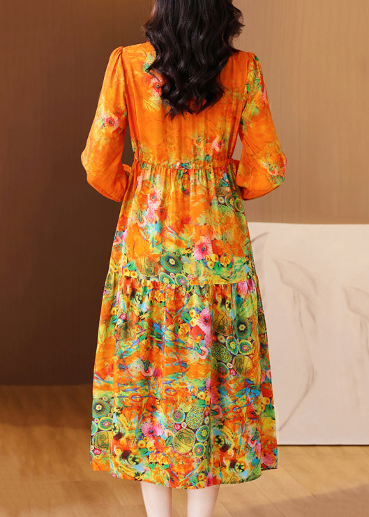 Orange Ruffled Print Patchwork Silk Long Dress Spring Op1040
