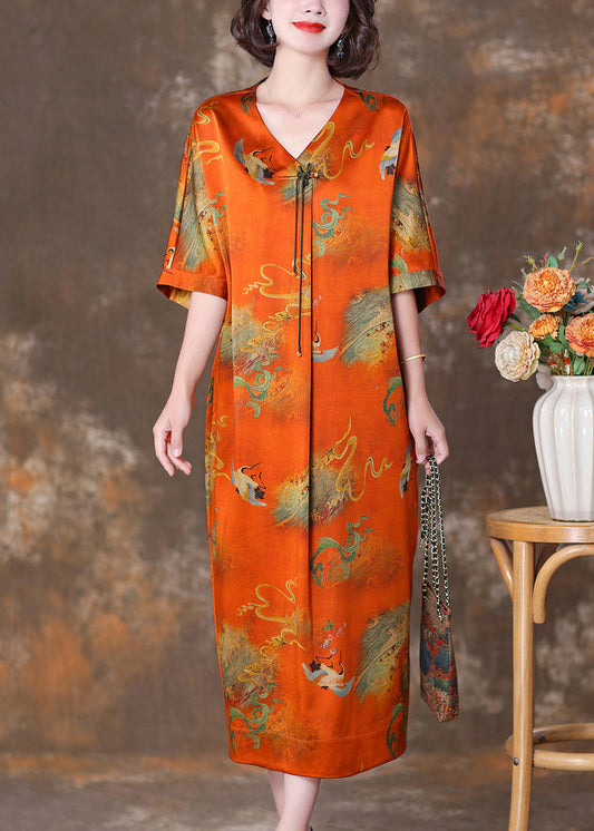 Orange V Neck Button Print Silk Long Dresses Summer Op1070