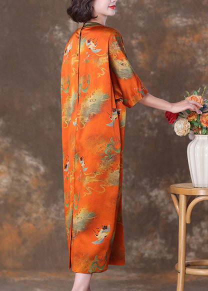 Orange V Neck Button Print Silk Long Dresses Summer Op1070
