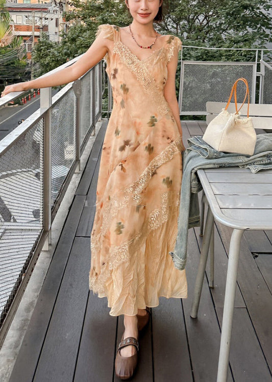Orange V Neck Lace Patchwork Long Dresses Sleeveless Xx049