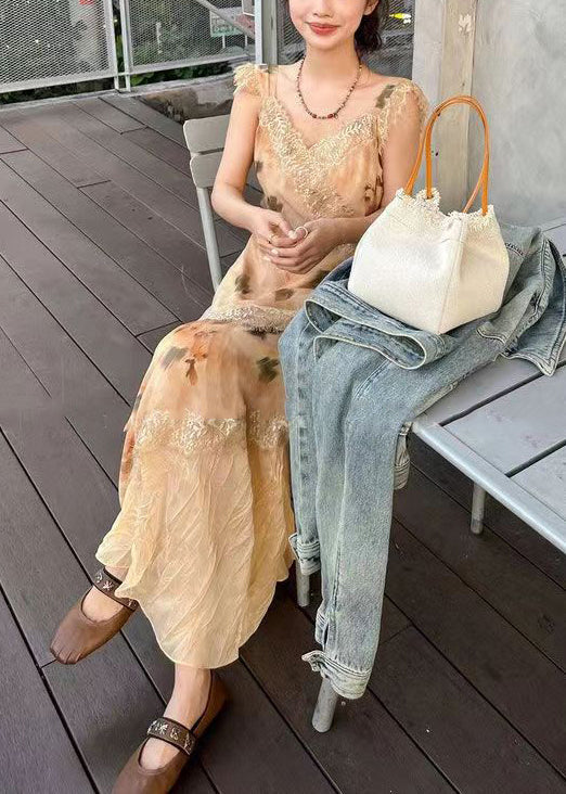 Orange V Neck Lace Patchwork Long Dresses Sleeveless Xx049