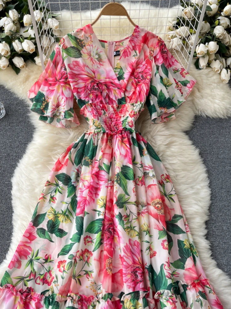 Party Dress Chiffon Printed Long Dresses Short Sleeve V-neck Beach Maxi Dress Vestidos