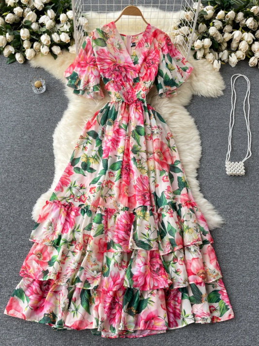 Party Dress Chiffon Printed Long Dresses Short Sleeve V-neck Beach Maxi Dress Vestidos