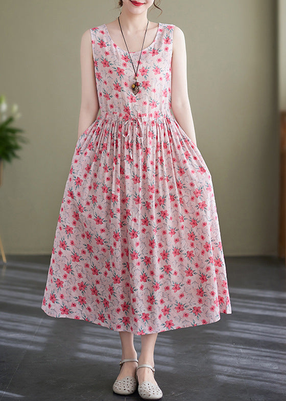 Pink Lace Up Wrinkled Print Cotton Long Dress Sleeveless Jh036