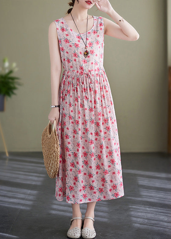 Pink Lace Up Wrinkled Print Cotton Long Dress Sleeveless Jh036