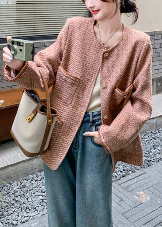 Pink O Neck Button Pockets Coat Fall Wm002