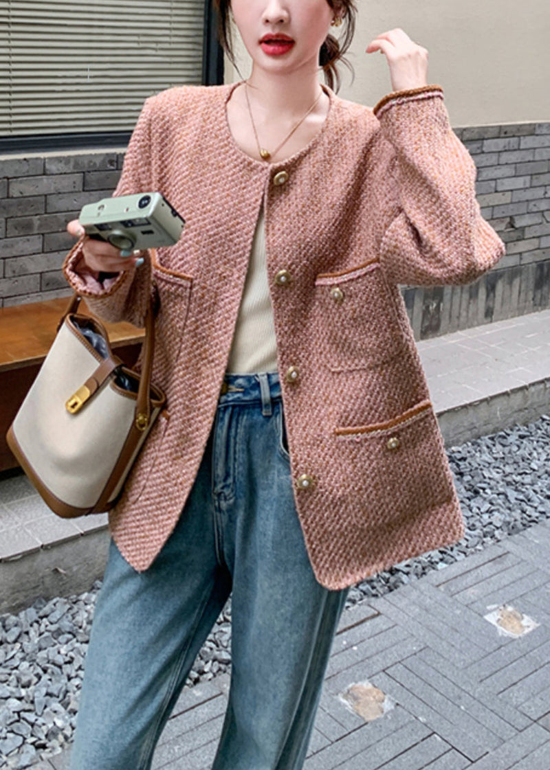 Pink O Neck Button Pockets Coat Fall Wm002