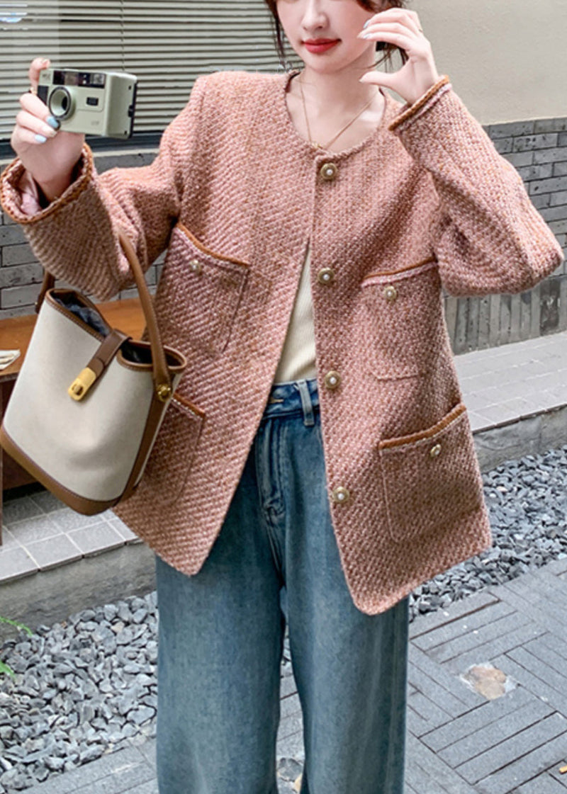 Pink O Neck Button Pockets Coat Fall Wm002