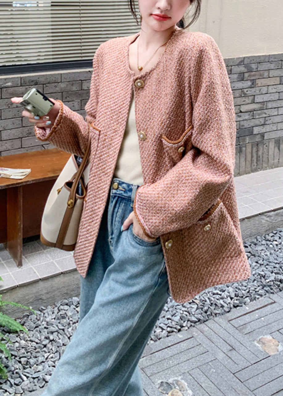 Pink O Neck Button Pockets Coat Fall Wm002