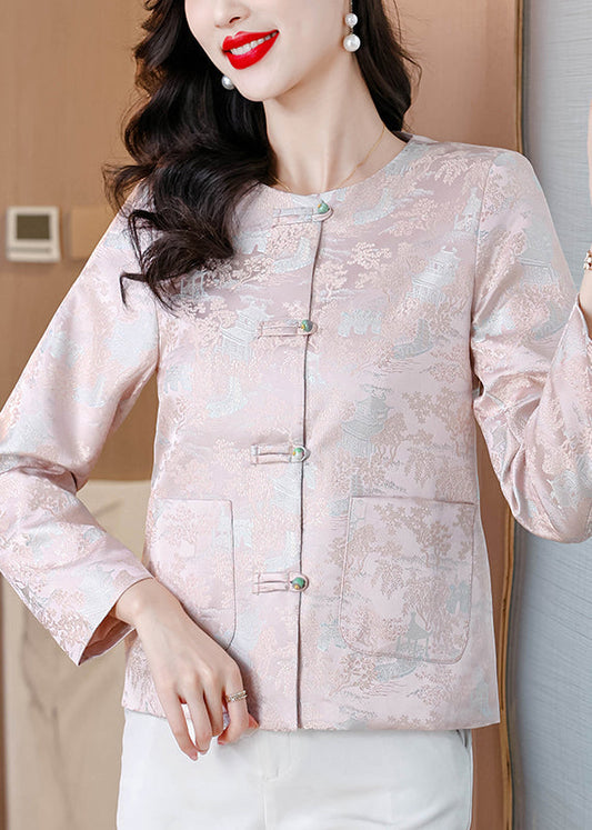 Pink O Neck Button Pockets Silk Coat Fall Qo010