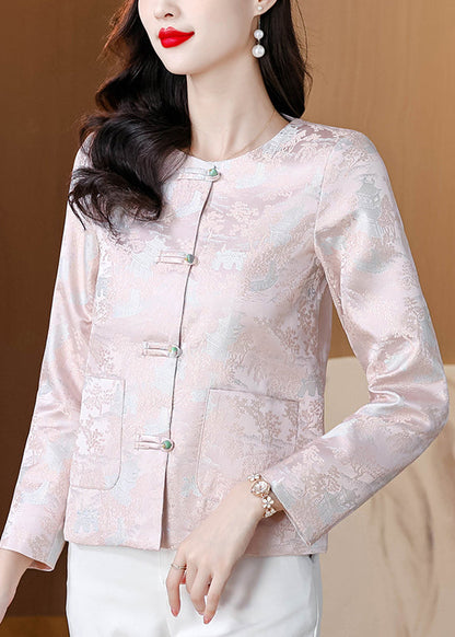 Pink O Neck Button Pockets Silk Coat Fall Qo010