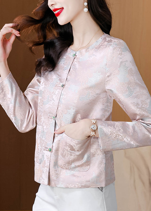 Pink O Neck Button Pockets Silk Coat Fall Qo010