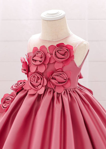Pink O-neck Patchwork Kids Long Dress Sleeveless Ys013