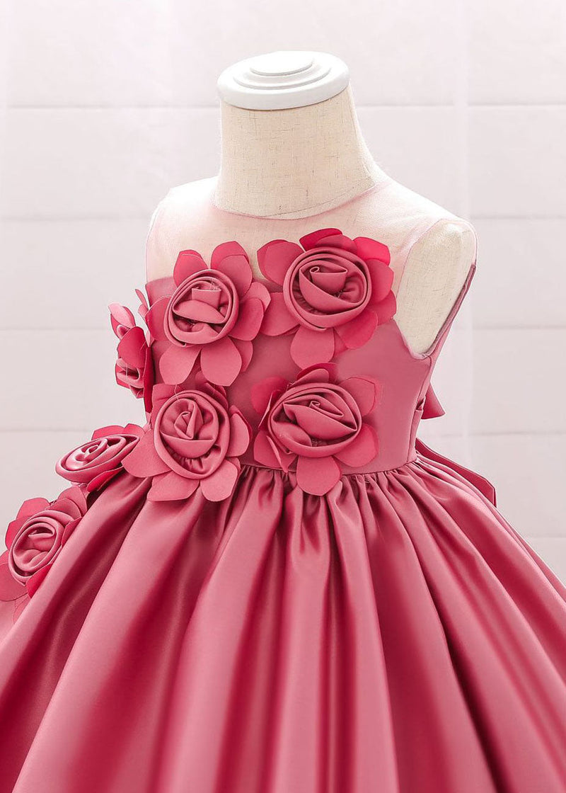 Pink O-neck Patchwork Kids Long Dress Sleeveless Ys013