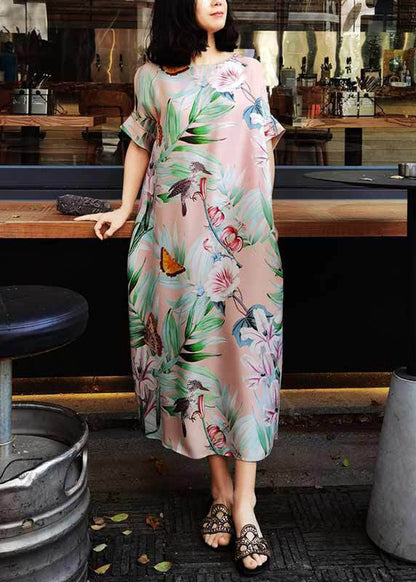 Pink O Neck Print Silk Long Dresses Summer Ap002