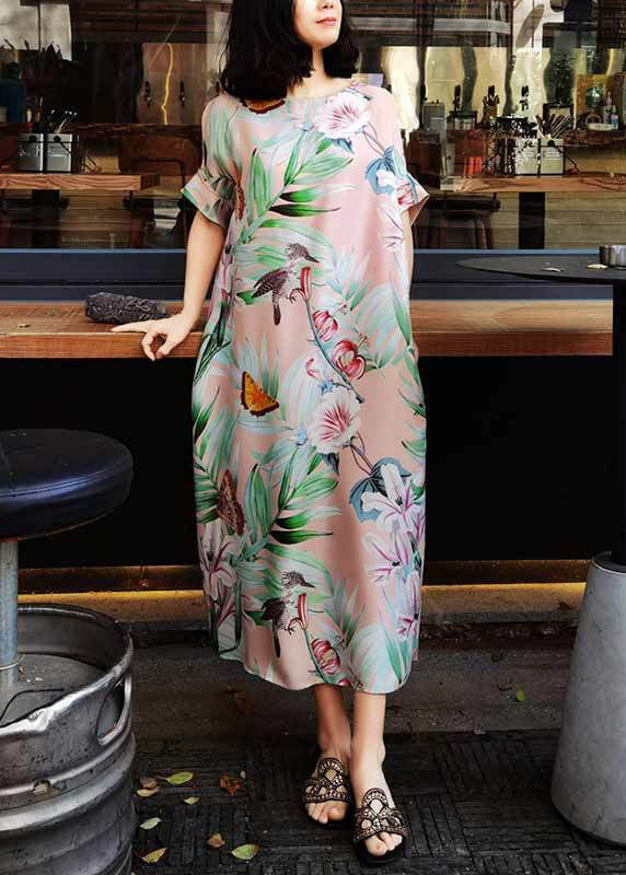 Pink O Neck Print Silk Long Dresses Summer Ap002
