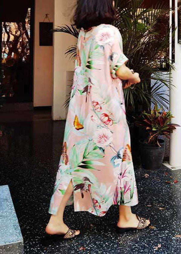 Pink O Neck Print Silk Long Dresses Summer Ap002